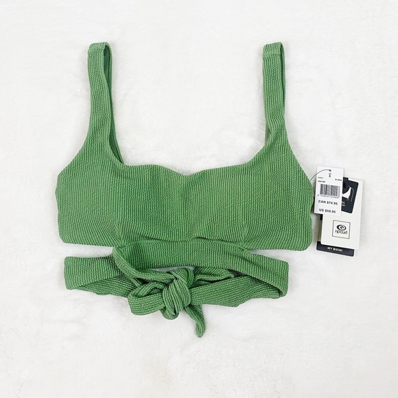 NWT Rip Curl Solid Textured Crop Wrap Tie Bikini Top In Green - Picture 4 of 7